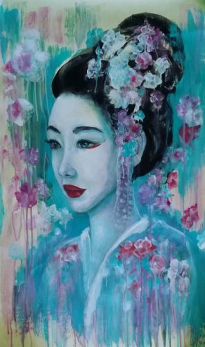 dark hair geisha woman with flowers and blue backround.